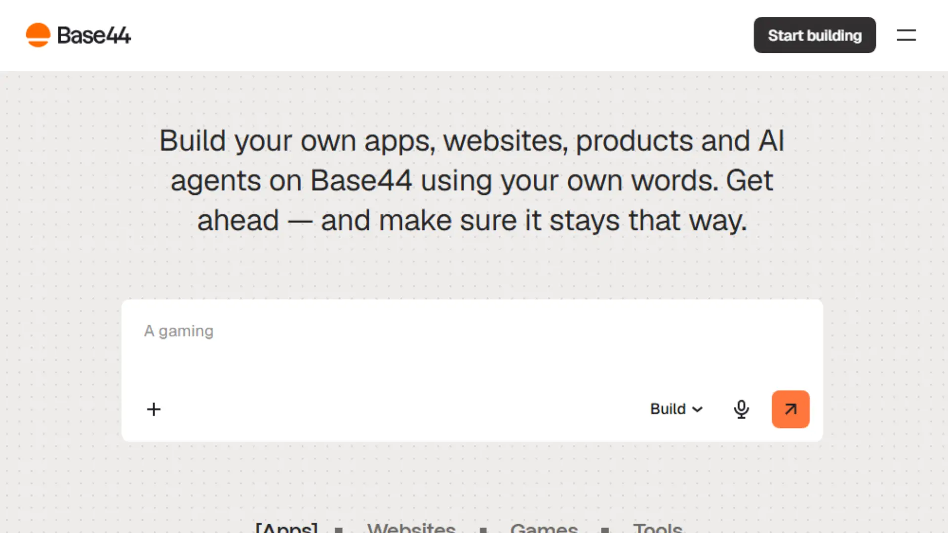 Base44 AI website builder homepage showing the AI web app creation interface