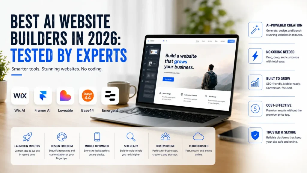 Best AI website builders in 2026 including Wix AI, Framer AI, Lovable, Base44, and Emergent