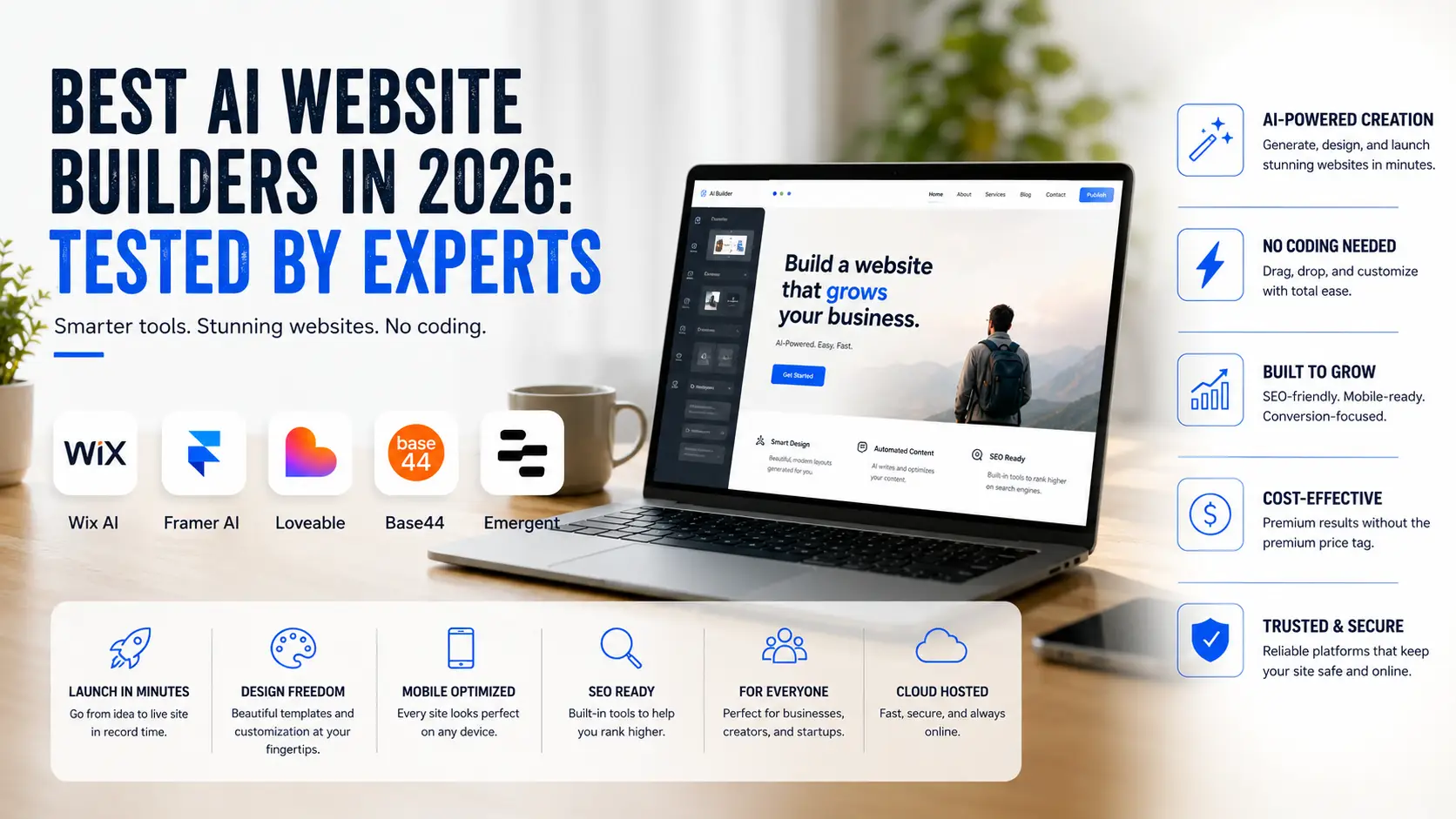 Best AI website builders in 2026 including Wix AI, Framer AI, Lovable, Base44, and Emergent