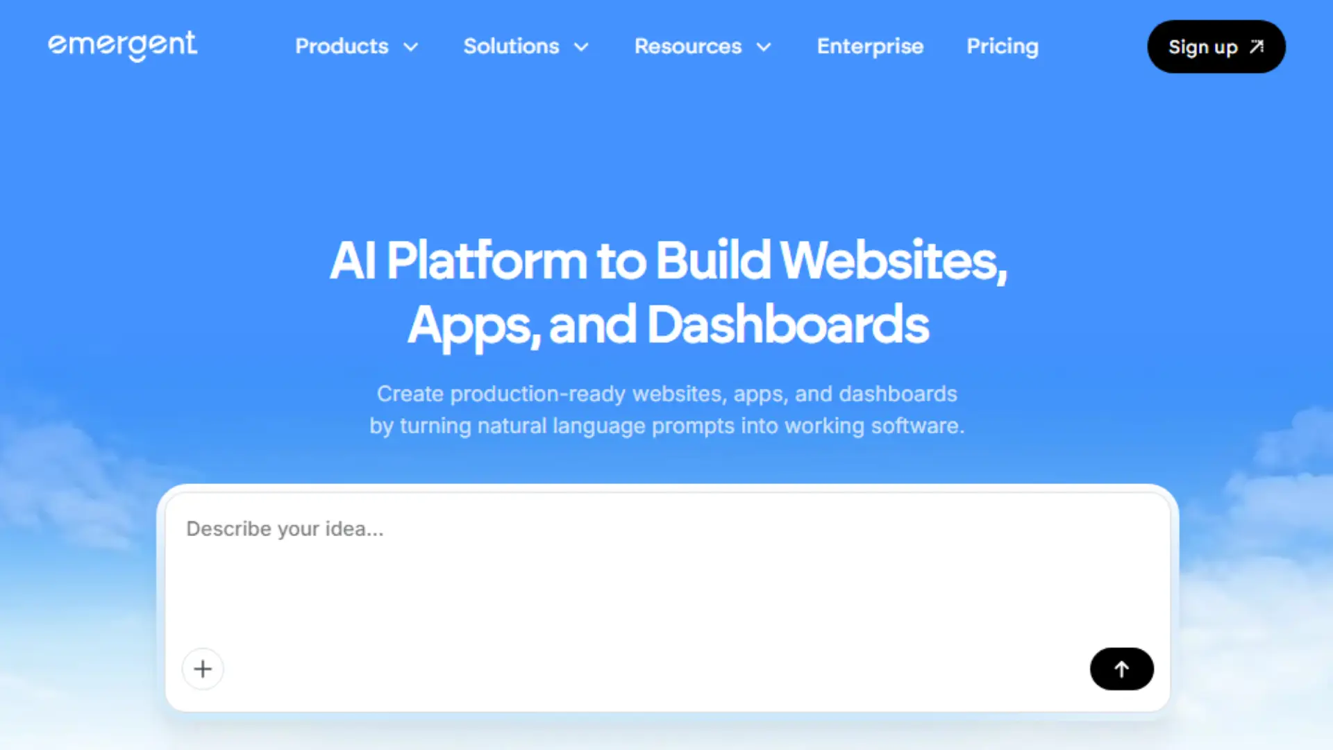 Emergent AI website builder homepage showing the AI web app creation interface