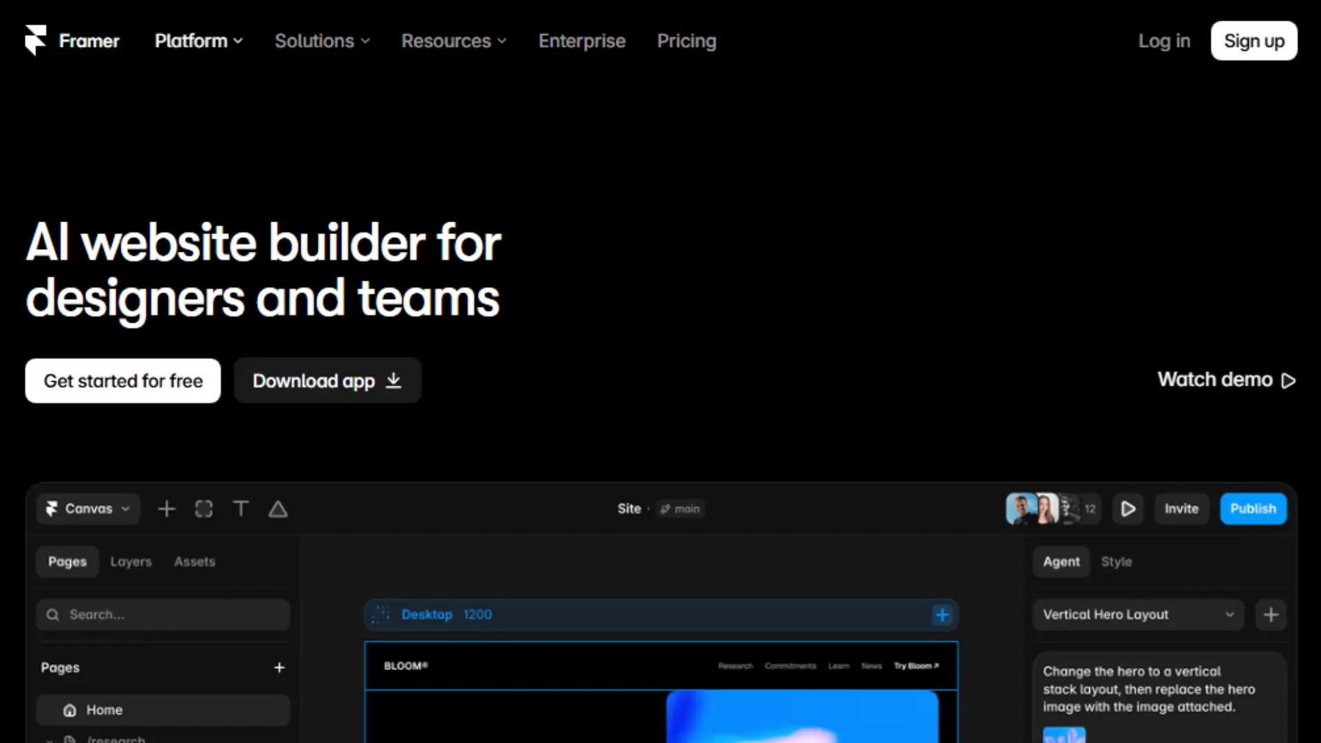 Framer AI website builder homepage showing the AI website creation interface