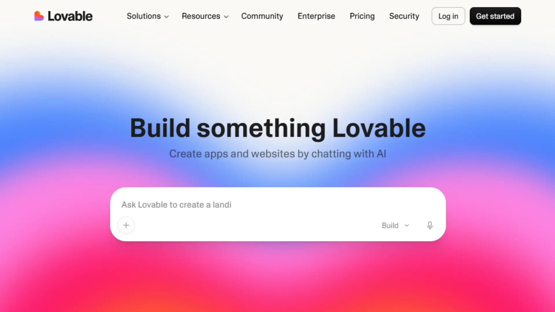 Lovable AI website builder homepage showing the AI app and website creation interface